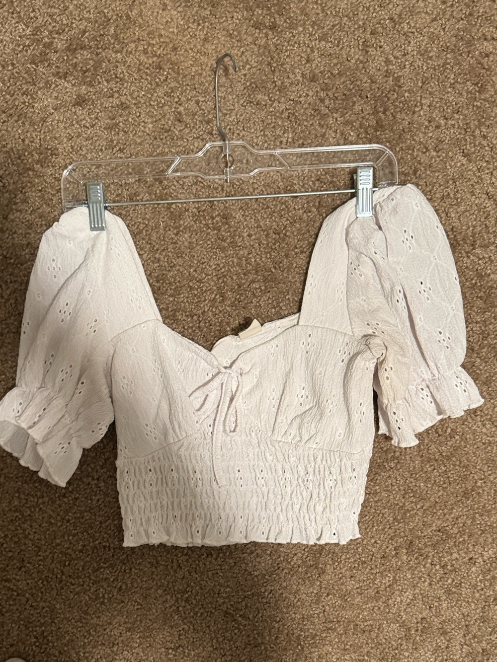 Urban Outfitters Cream Eyelet Puff-Sleeve Cropped Top